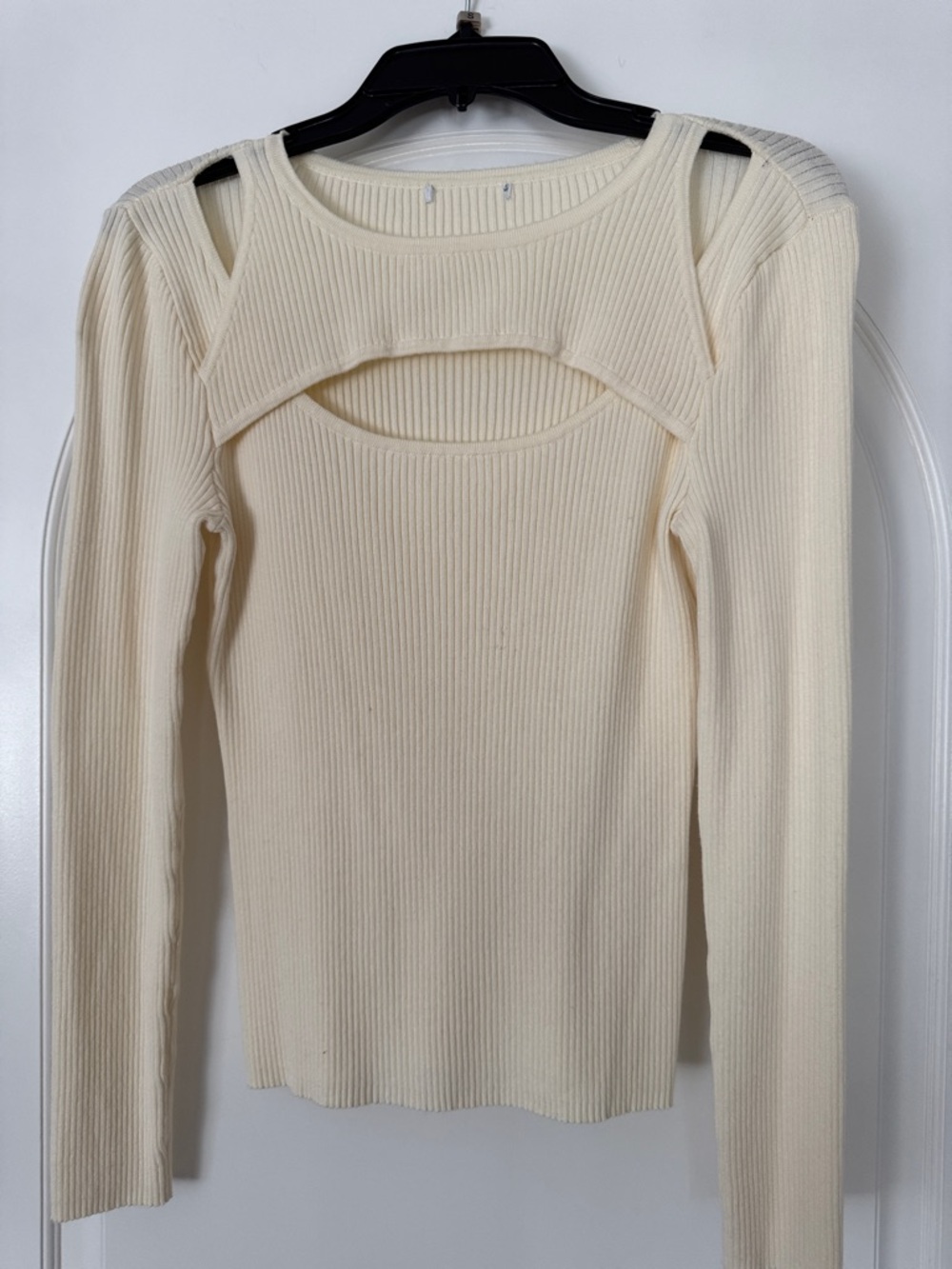 INC International Concepts Cream Ribbed Long-Sleeve Cutout Top